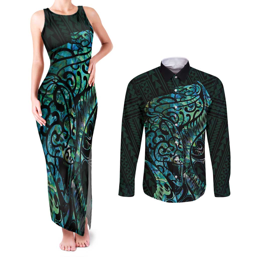 New Zealand Eel Couples Matching Tank Maxi Dress and Long Sleeve Button Shirt Tuna Aotearoa Maori With Paua Shell - Turquoise