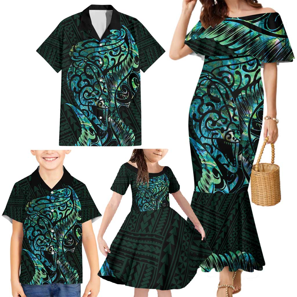 New Zealand Eel Family Matching Mermaid Dress and Hawaiian Shirt Tuna Aotearoa Maori With Paua Shell - Turquoise