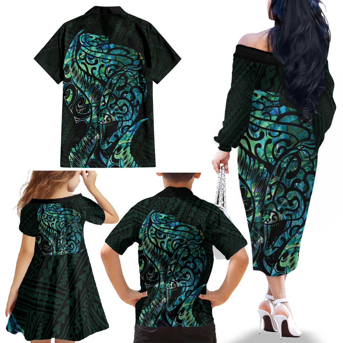 New Zealand Eel Family Matching Off The Shoulder Long Sleeve Dress and Hawaiian Shirt Tuna Aotearoa Maori With Paua Shell - Turquoise