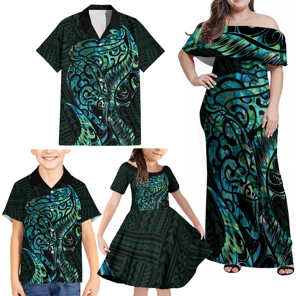 New Zealand Eel Family Matching Off Shoulder Maxi Dress and Hawaiian Shirt Tuna Aotearoa Maori With Paua Shell - Turquoise LT14 - Polynesian Pride