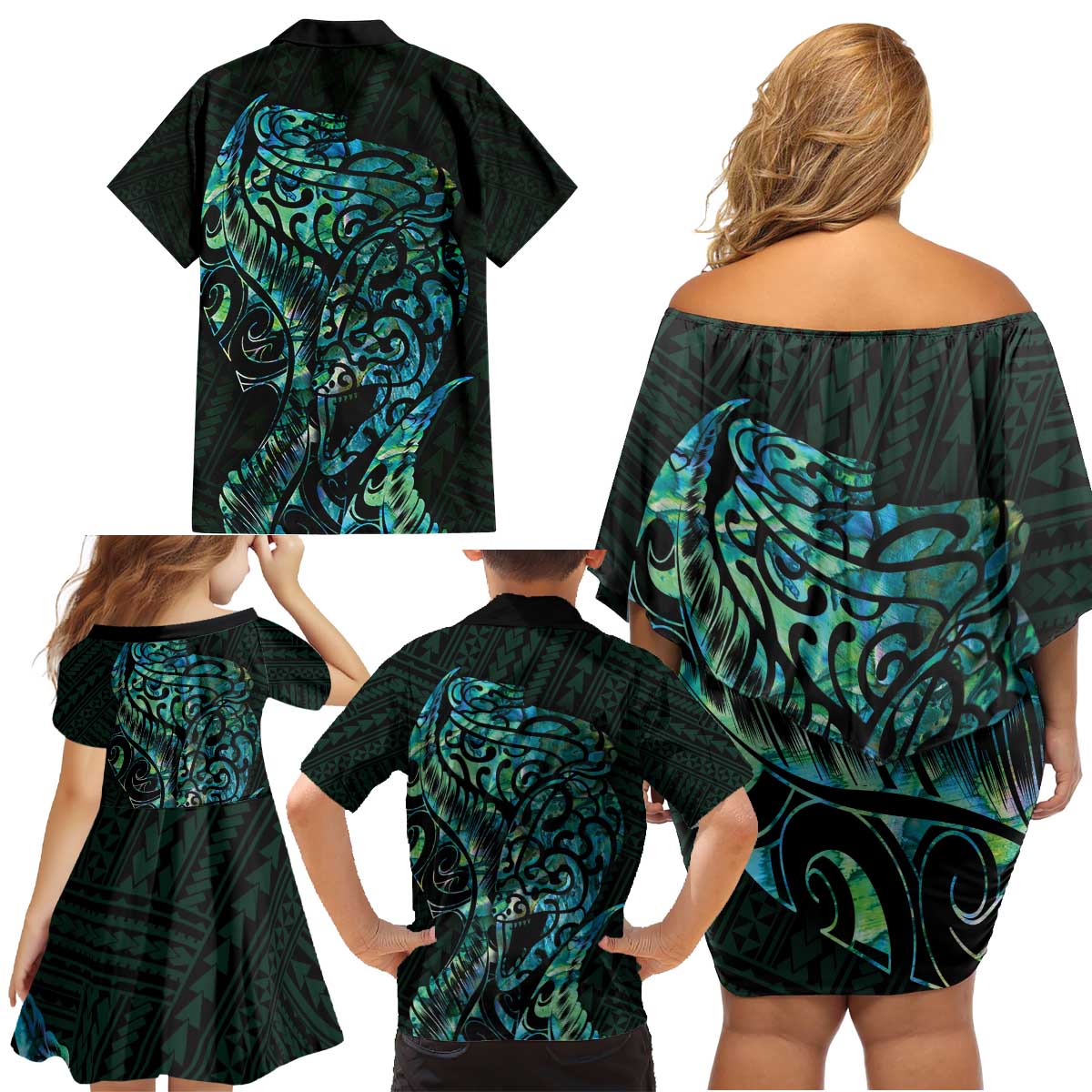 New Zealand Eel Family Matching Off Shoulder Short Dress and Hawaiian Shirt Tuna Aotearoa Maori With Paua Shell - Turquoise