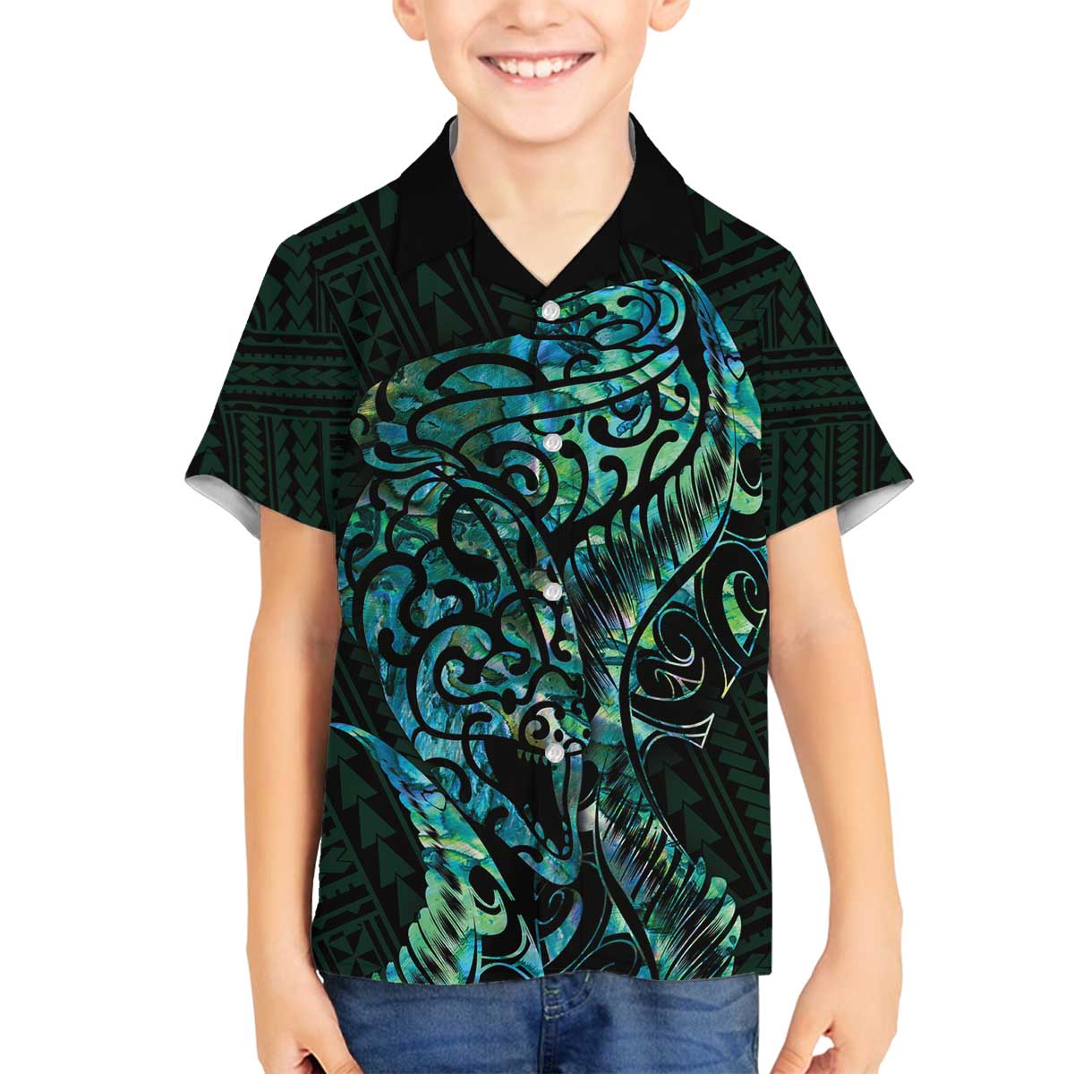 New Zealand Eel Family Matching Off Shoulder Short Dress and Hawaiian Shirt Tuna Aotearoa Maori With Paua Shell - Turquoise LT14 Son's Shirt Turquoise - Polynesian Pride