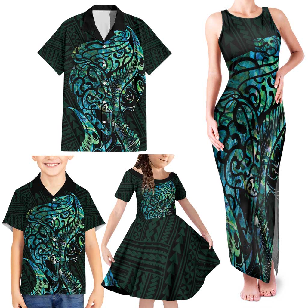 New Zealand Eel Family Matching Tank Maxi Dress and Hawaiian Shirt Tuna Aotearoa Maori With Paua Shell - Turquoise