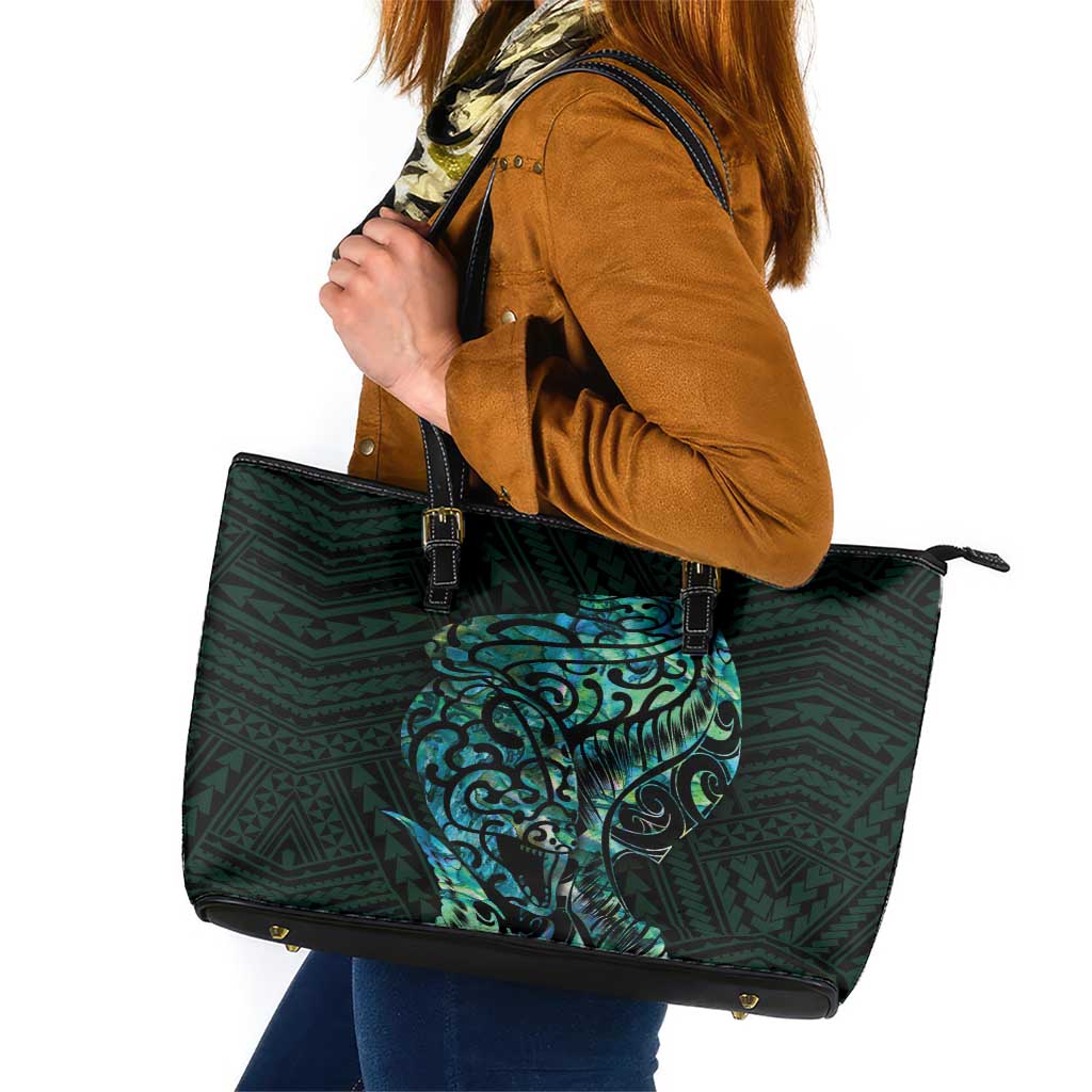 New Zealand Eel Leather Tote Bag Tuna Aotearoa Maori With Paua Shell - Turquoise