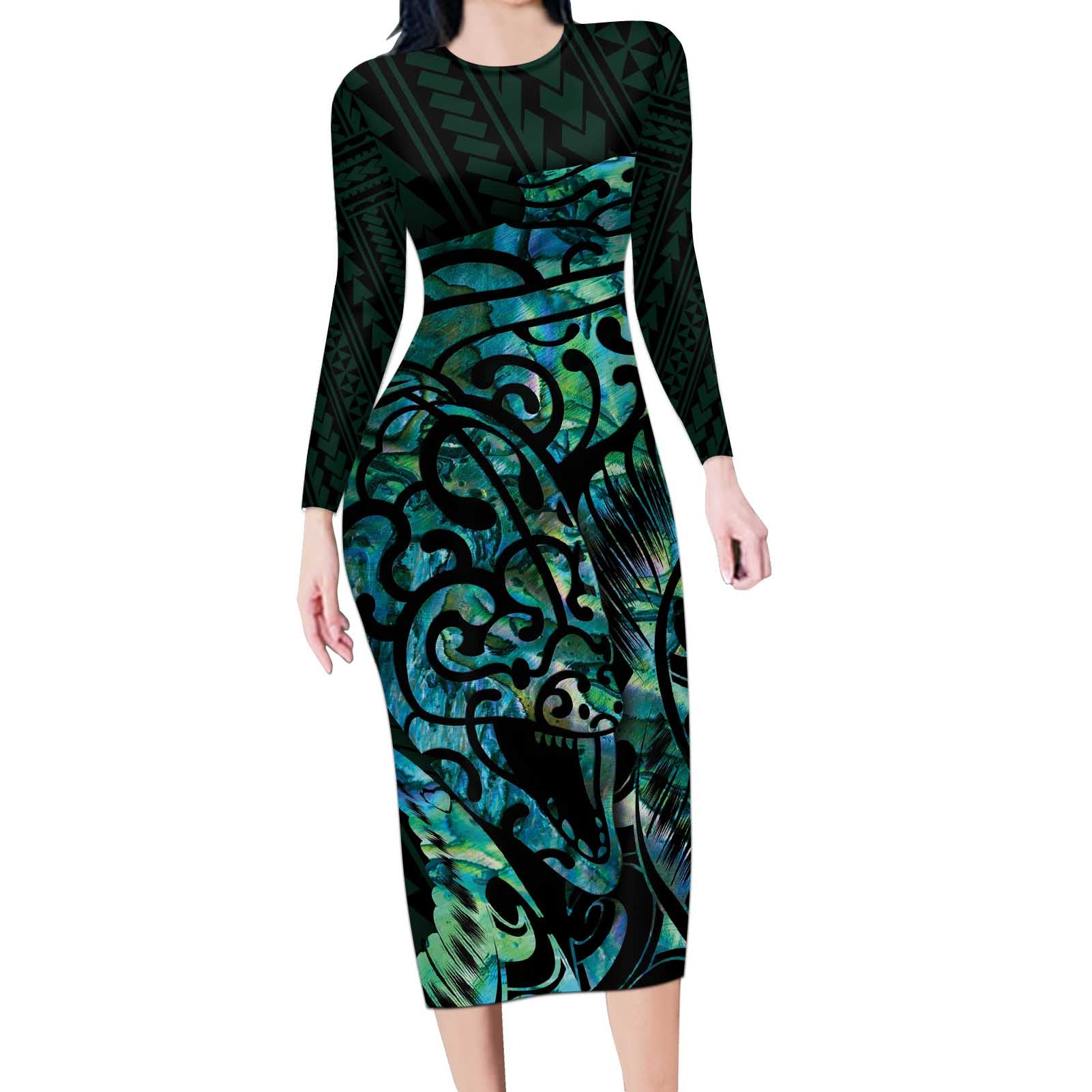 New Zealand Eel Long Sleeve Bodycon Dress Tuna Aotearoa Maori With Paua Shell - Turquoise