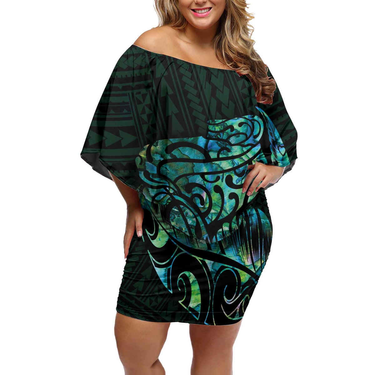 New Zealand Eel Off Shoulder Short Dress Tuna Aotearoa Maori With Paua Shell - Turquoise LT14 Women Turquoise - Polynesian Pride