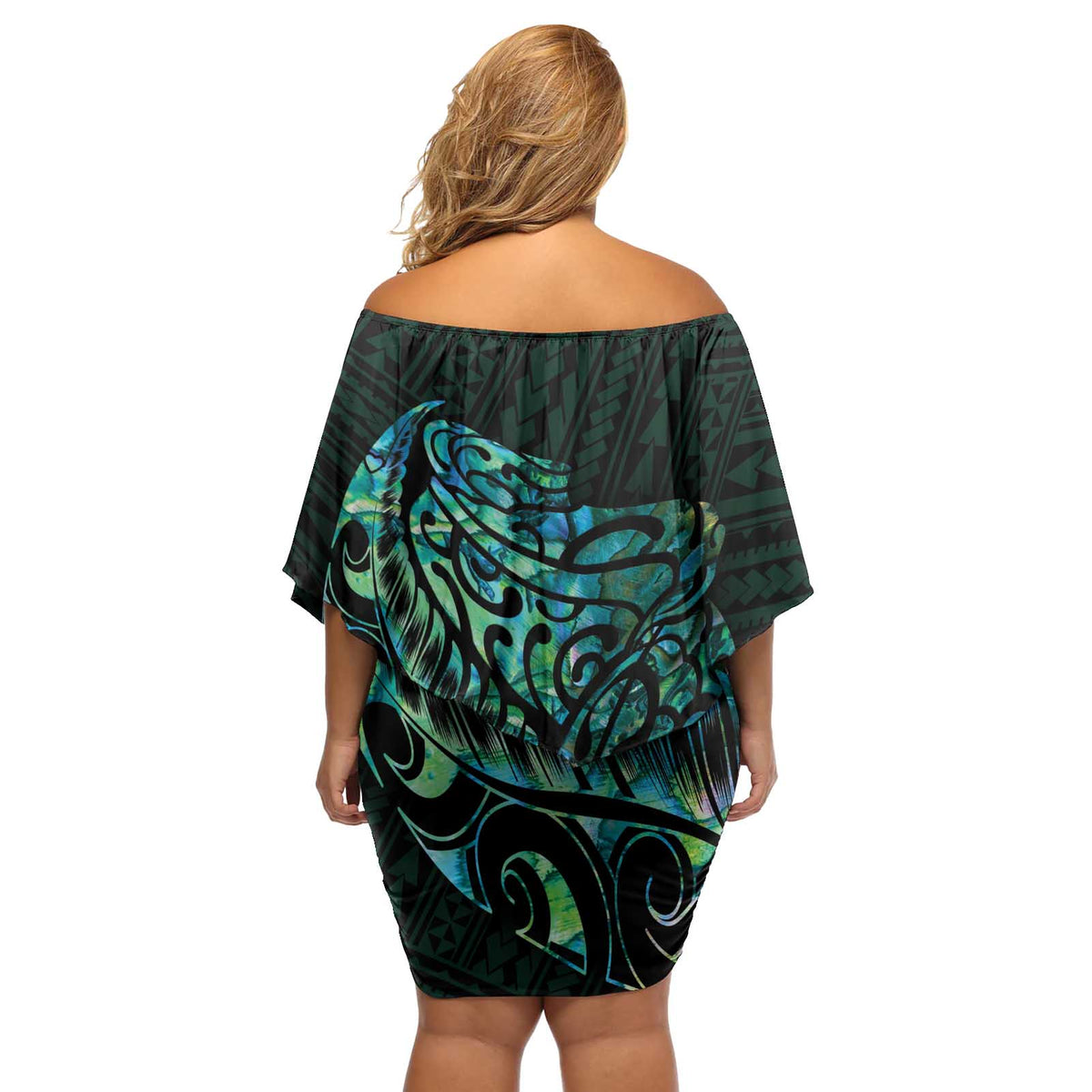 New Zealand Eel Off Shoulder Short Dress Tuna Aotearoa Maori With Paua Shell - Turquoise LT14 - Polynesian Pride