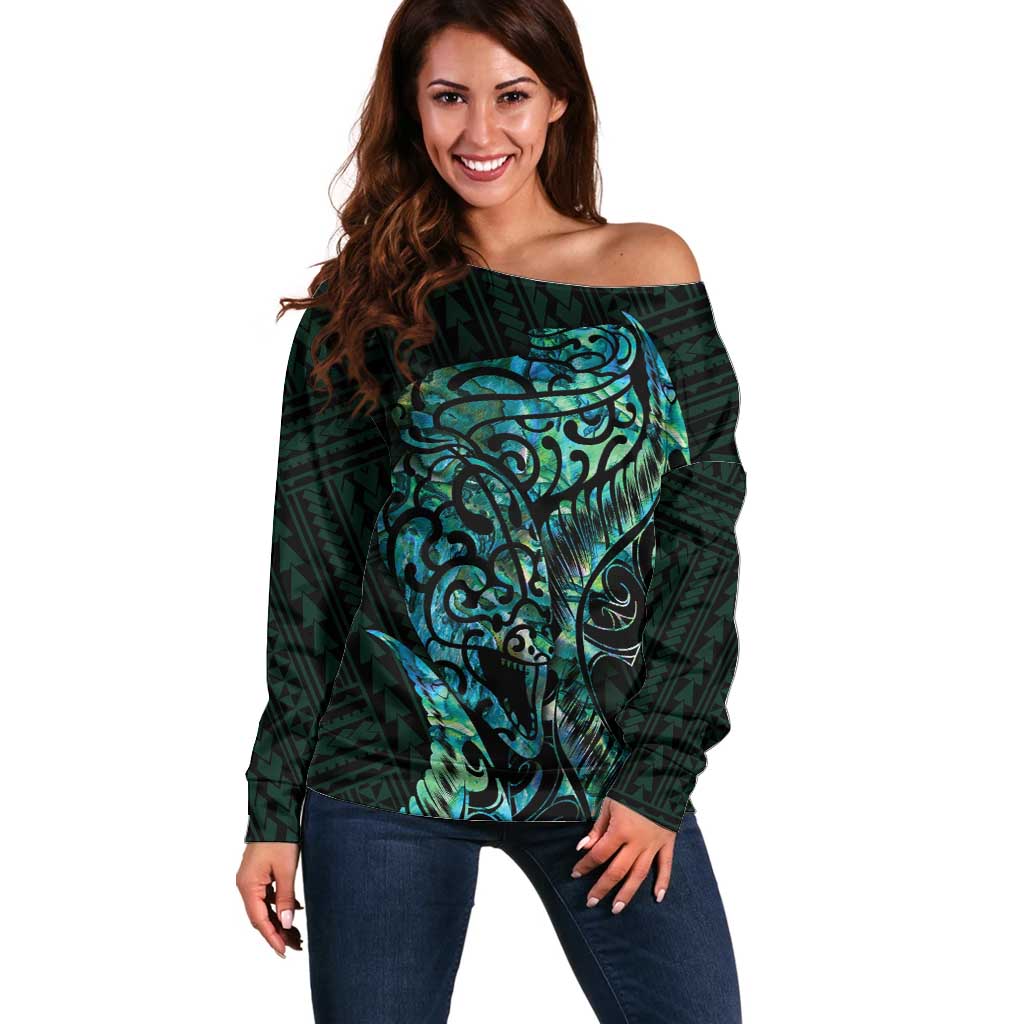 New Zealand Eel Off Shoulder Sweater Tuna Aotearoa Maori With Paua Shell - Turquoise