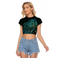 New Zealand Eel Raglan Cropped T Shirt Tuna Aotearoa Maori With Paua Shell - Turquoise LT14 Female Turquoise - Polynesian Pride