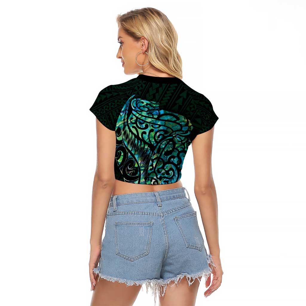New Zealand Eel Raglan Cropped T Shirt Tuna Aotearoa Maori With Paua Shell - Turquoise LT14 - Polynesian Pride