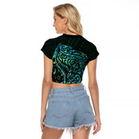 New Zealand Eel Raglan Cropped T Shirt Tuna Aotearoa Maori With Paua Shell - Turquoise LT14 - Polynesian Pride