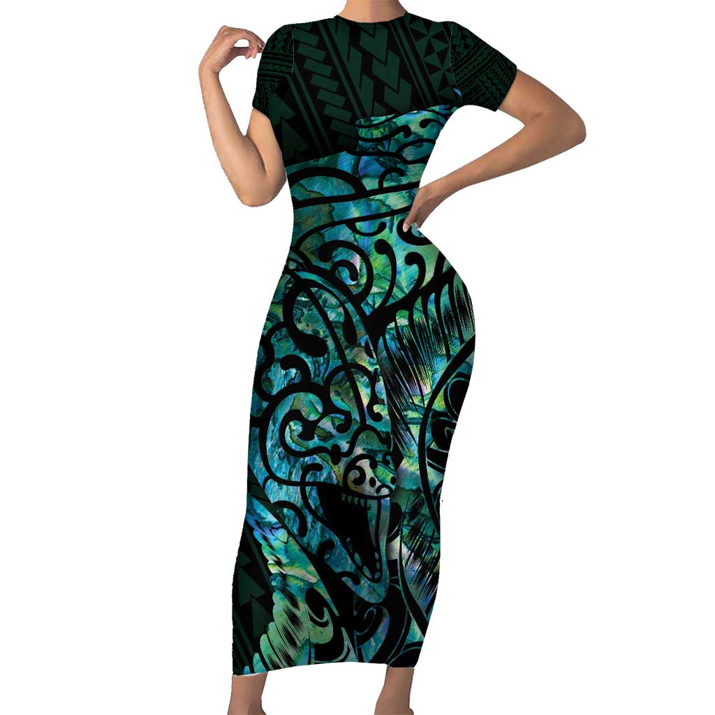 New Zealand Eel Short Sleeve Bodycon Dress Tuna Aotearoa Maori With Paua Shell - Turquoise