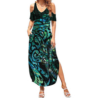 New Zealand Eel Summer Maxi Dress Tuna Aotearoa Maori With Paua Shell - Turquoise LT14 Women Turquoise - Polynesian Pride