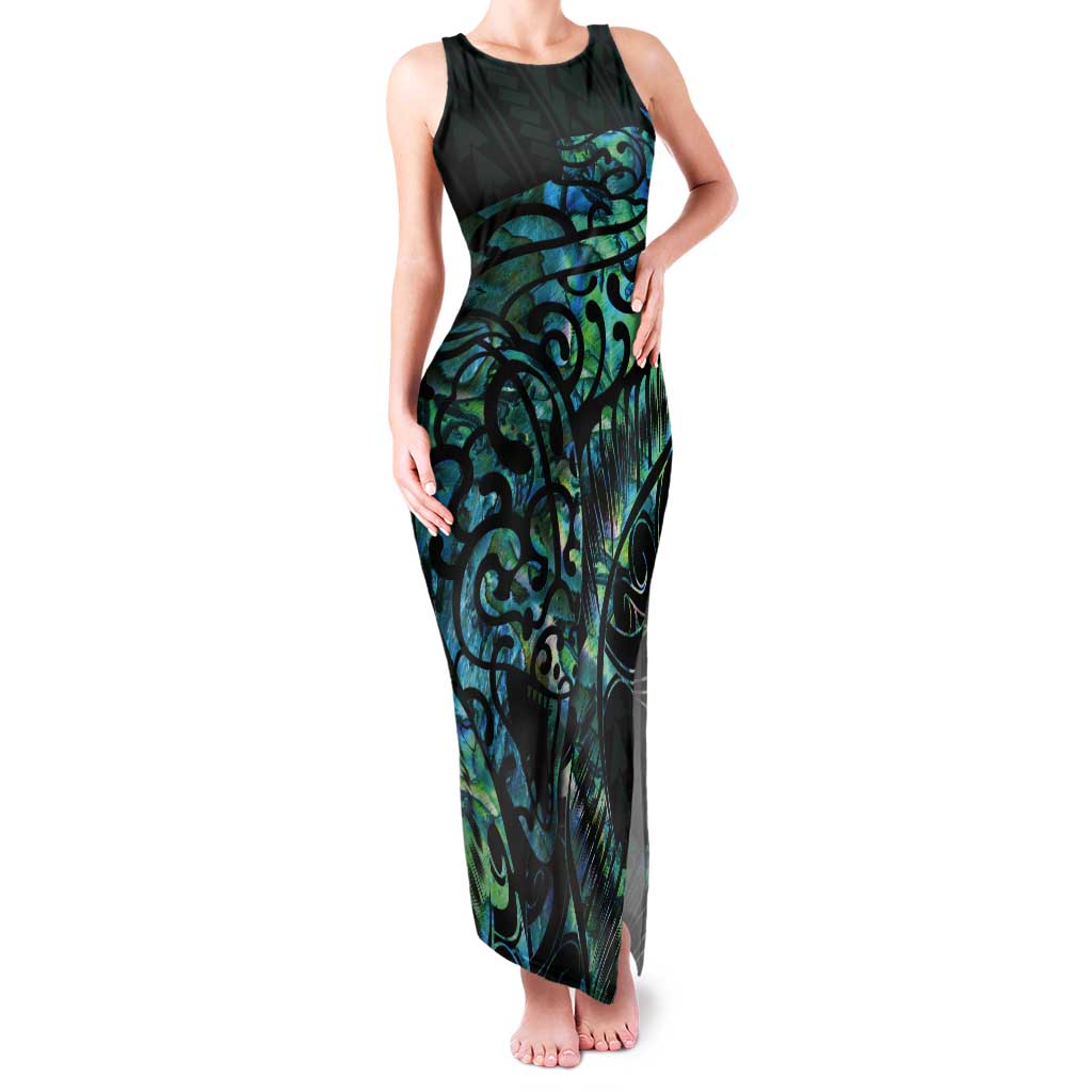 New Zealand Eel Tank Maxi Dress Tuna Aotearoa Maori With Paua Shell - Turquoise