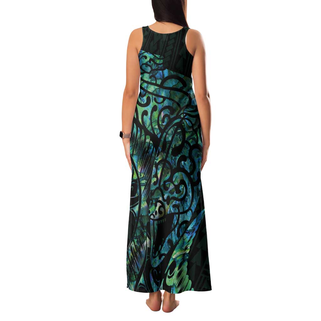 New Zealand Eel Tank Maxi Dress Tuna Aotearoa Maori With Paua Shell - Turquoise LT14 - Polynesian Pride