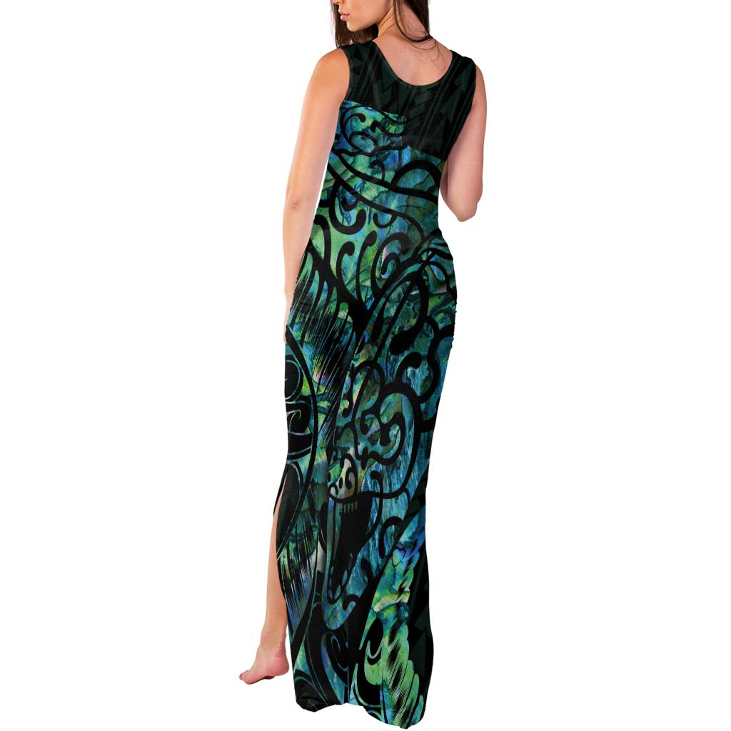 New Zealand Eel Tank Maxi Dress Tuna Aotearoa Maori With Paua Shell - Turquoise LT14 - Polynesian Pride