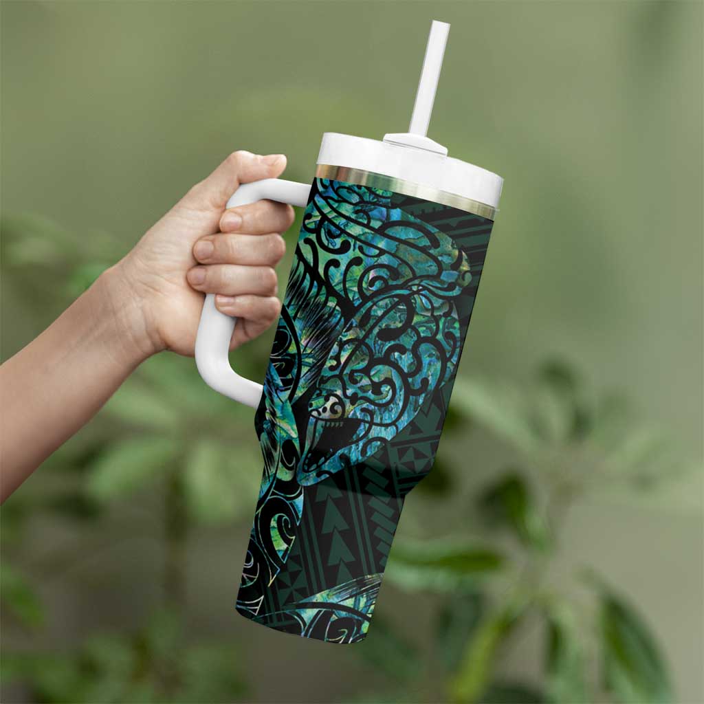 New Zealand Eel Tumbler With Handle Tuna Aotearoa Maori With Paua Shell - Turquoise LT14 - Polynesian Pride