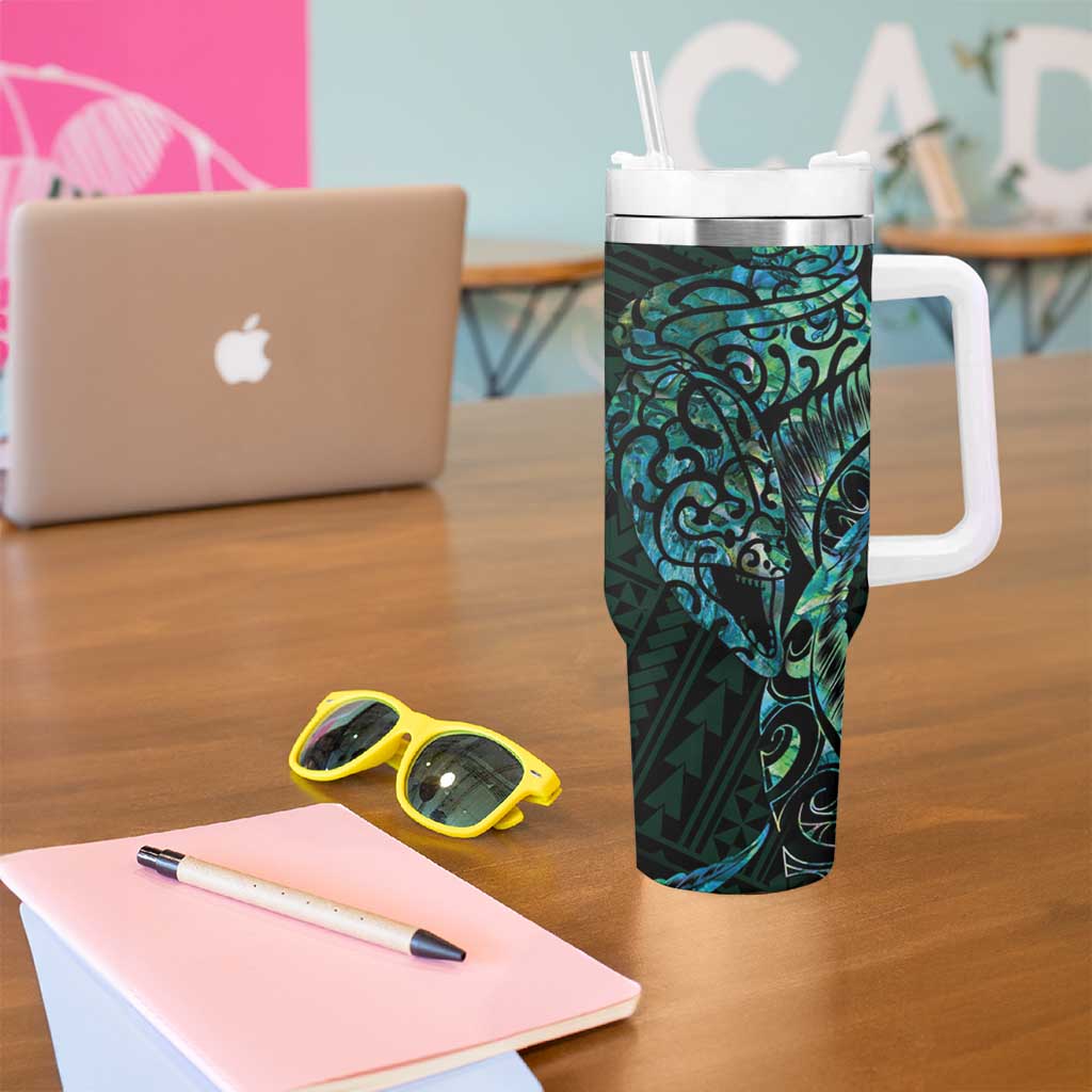 New Zealand Eel Tumbler With Handle Tuna Aotearoa Maori With Paua Shell - Turquoise LT14 - Polynesian Pride