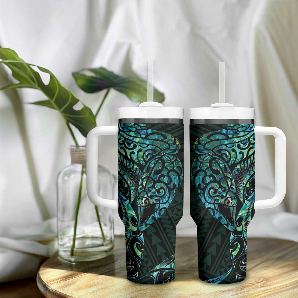 New Zealand Eel Tumbler With Handle Tuna Aotearoa Maori With Paua Shell - Turquoise LT14 - Polynesian Pride