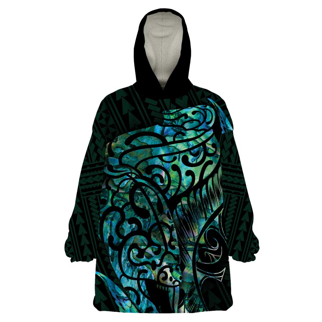 New Zealand Eel Wearable Blanket Hoodie Tuna Aotearoa Maori With Paua Shell - Turquoise