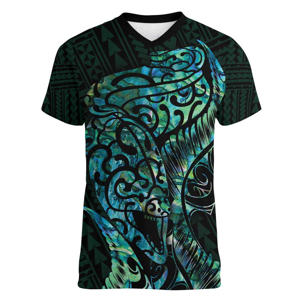 New Zealand Eel Women V-Neck T-Shirt Tuna Aotearoa Maori With Paua Shell - Turquoise