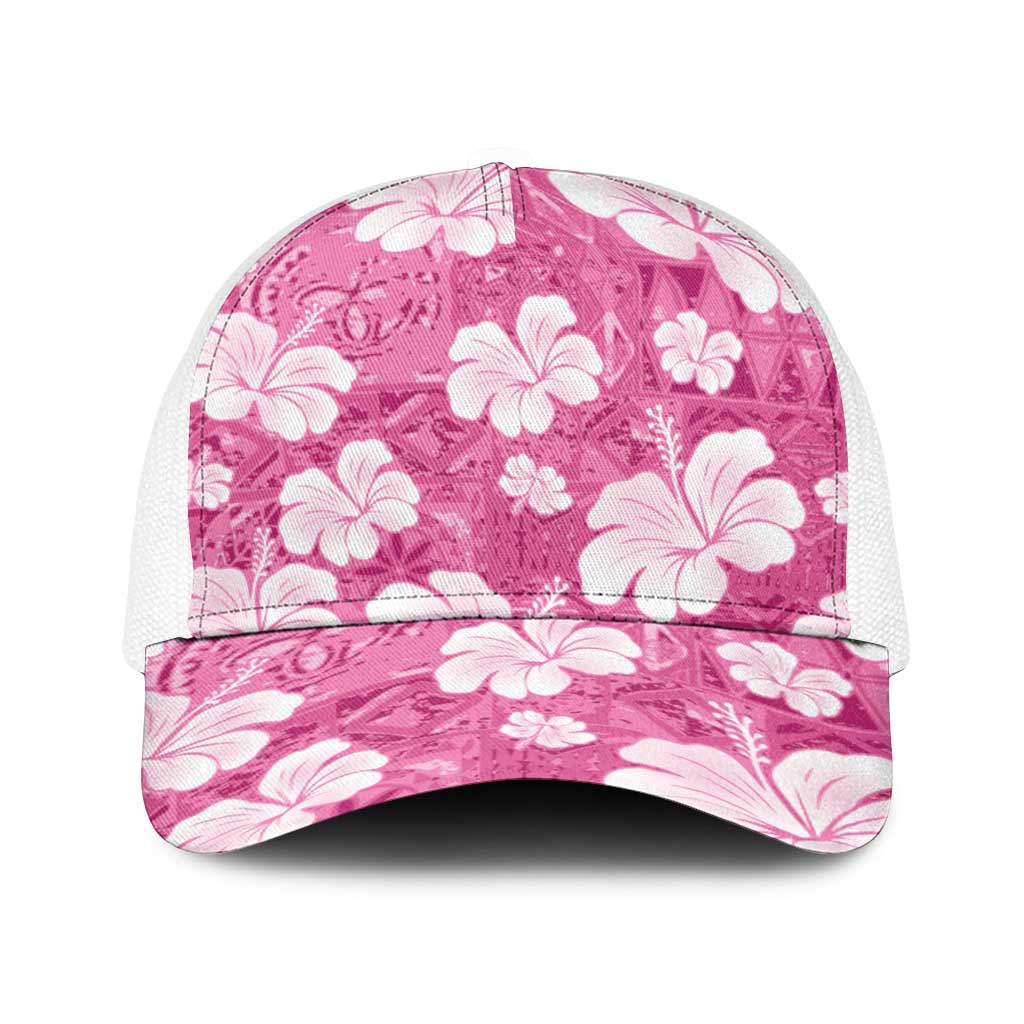 Pink Bula Fiji Masi Hibiscus Seamless Baseball Net Cap LT14 One Size White Pink - Polynesian Pride