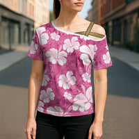 Pink Bula Fiji Masi Hibiscus Seamless Cross Shoulder Shirt LT14 - Polynesian Pride