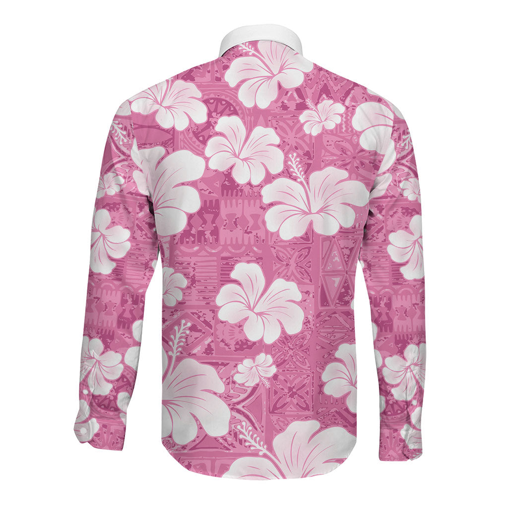 Pink Bula Fiji Masi Hibiscus Seamless Long Sleeve Button Shirt