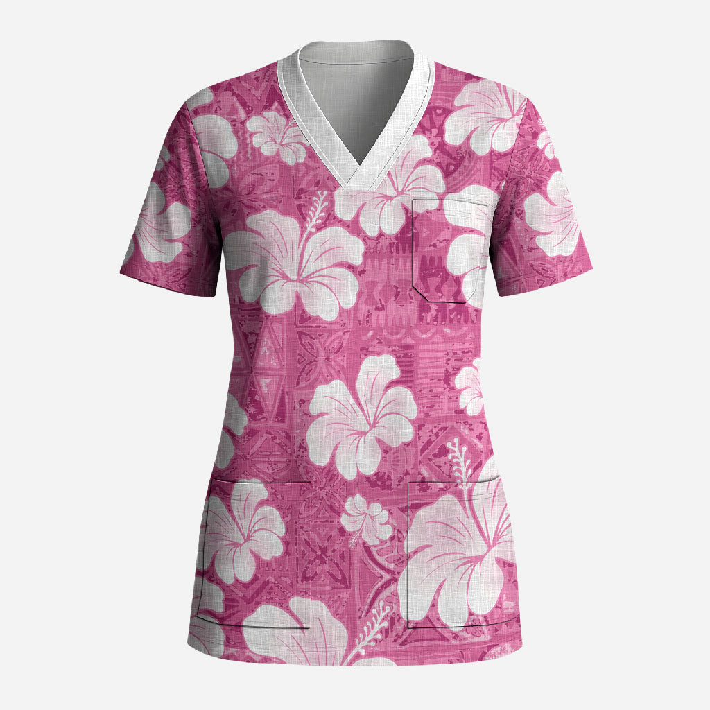 Pink Bula Fiji Masi Hibiscus Seamless Scrub Top