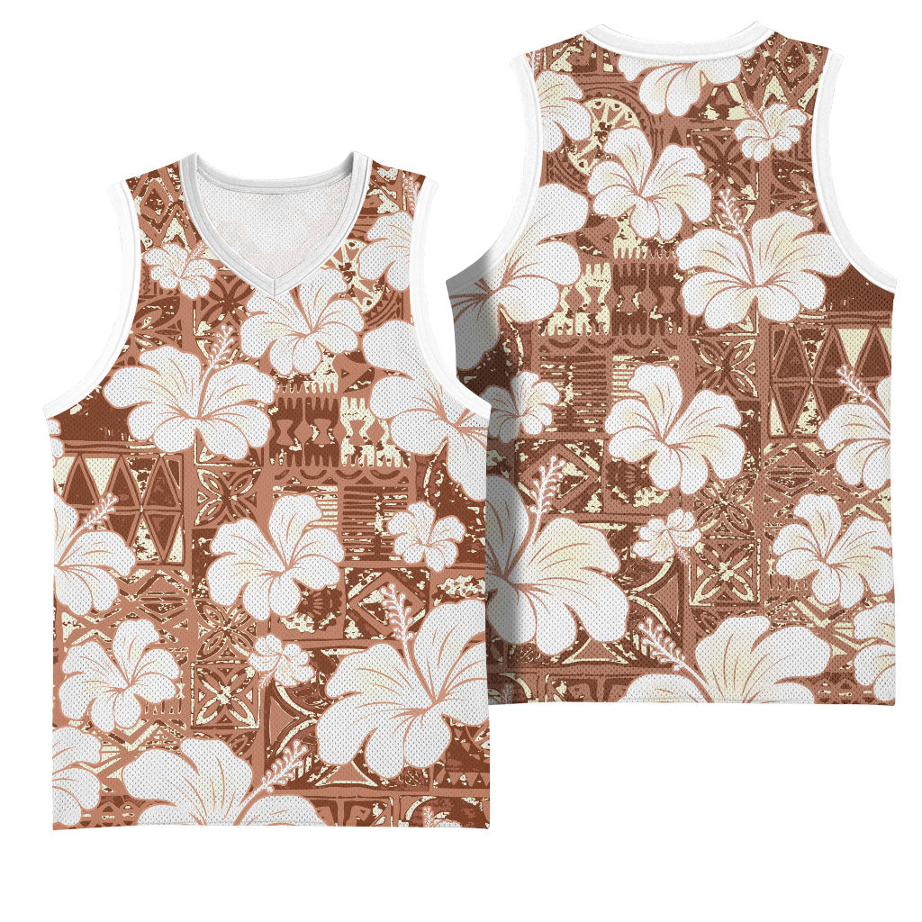 Brown Bula Fiji Masi Hibiscus Seamless Basketball Jersey LT14 - Polynesian Pride