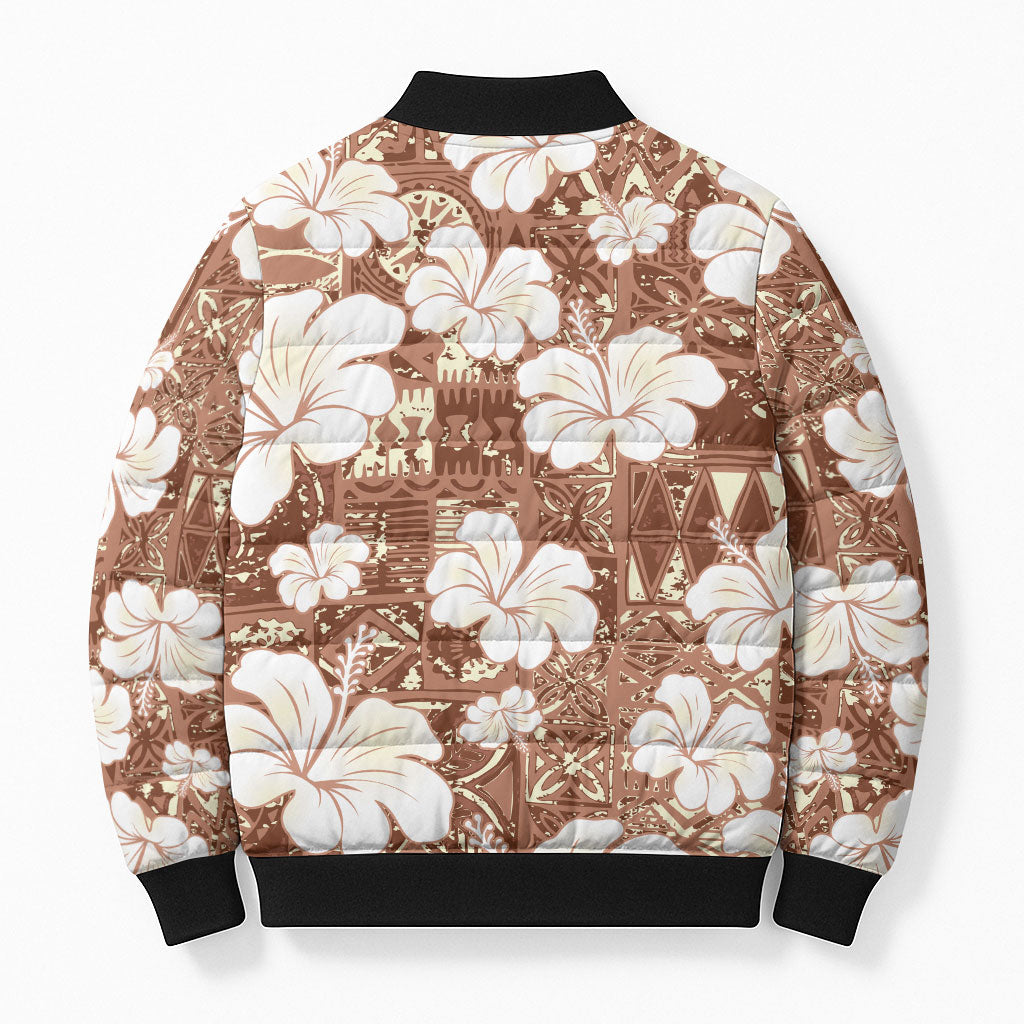 Brown Bula Fiji Masi Hibiscus Seamless Bomber Puffer Jacket LT14 - Polynesian Pride