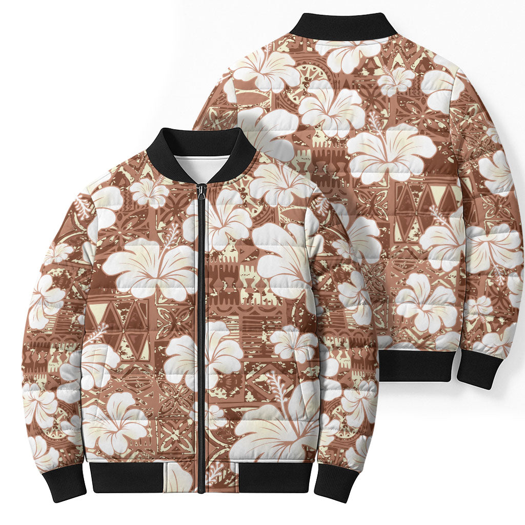 Brown Bula Fiji Masi Hibiscus Seamless Bomber Puffer Jacket LT14 - Polynesian Pride