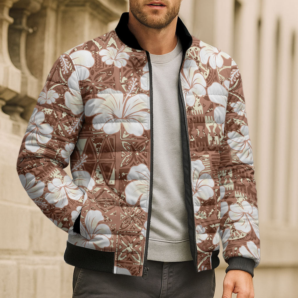 Brown Bula Fiji Masi Hibiscus Seamless Bomber Puffer Jacket LT14 - Polynesian Pride