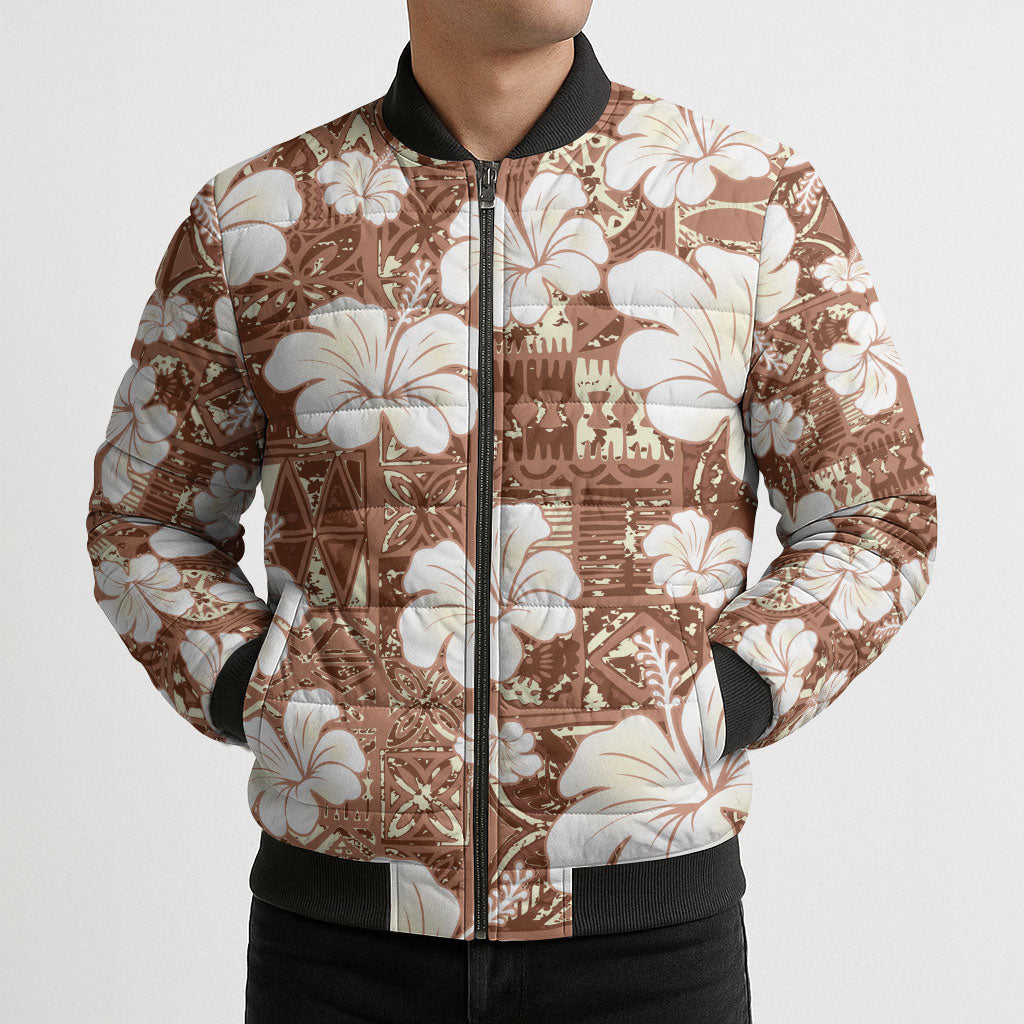 Brown Bula Fiji Masi Hibiscus Seamless Bomber Puffer Jacket LT14 - Polynesian Pride