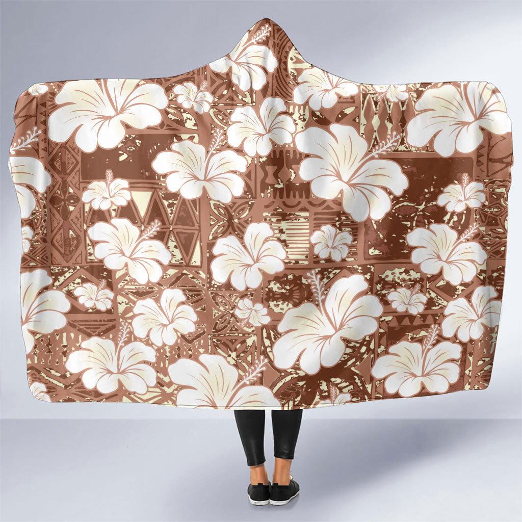 Brown Bula Fiji Masi Hibiscus Seamless Hooded Blanket LT14 One Size Brown - Polynesian Pride