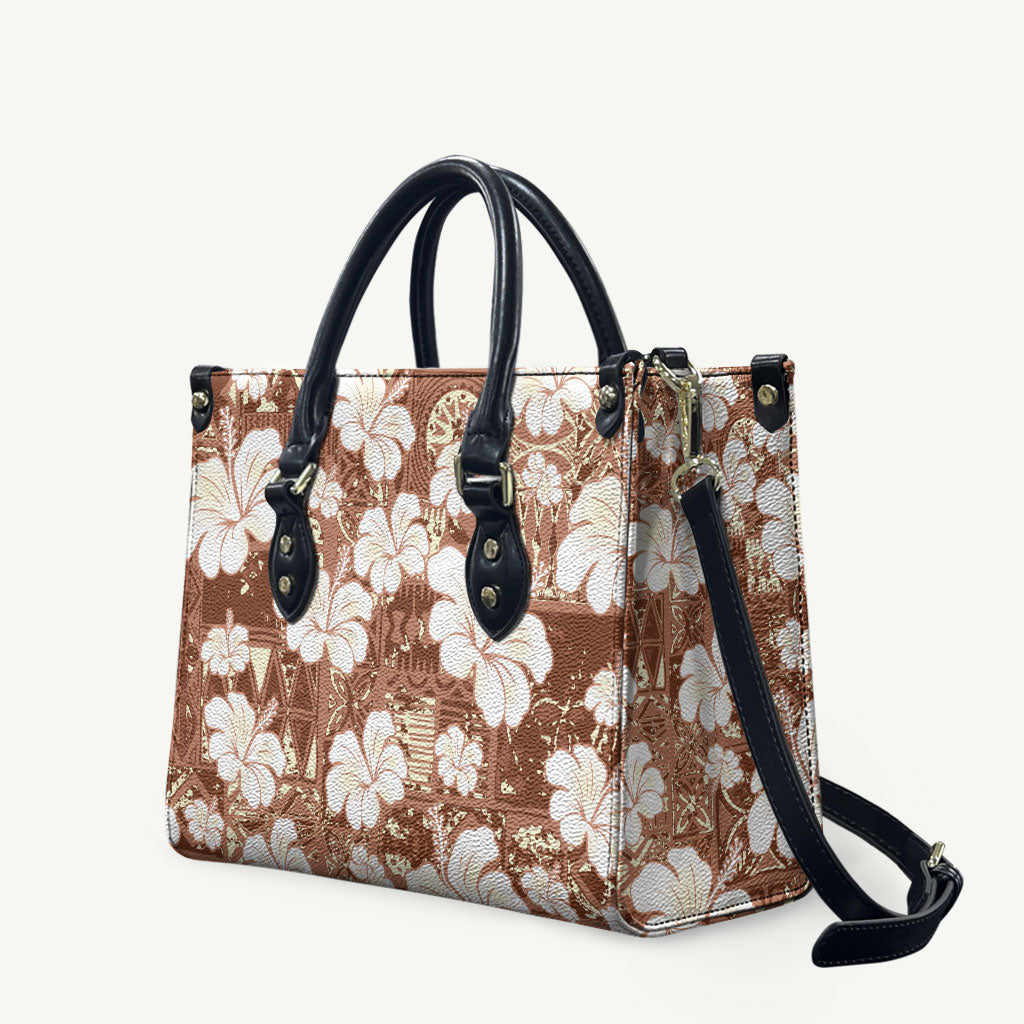 Brown Bula Fiji Masi Hibiscus Seamless Leather Bag LT14 Brown - Polynesian Pride