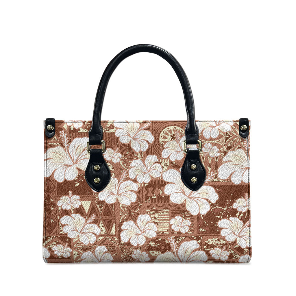 Brown Bula Fiji Masi Hibiscus Seamless Leather Bag LT14 - Polynesian Pride