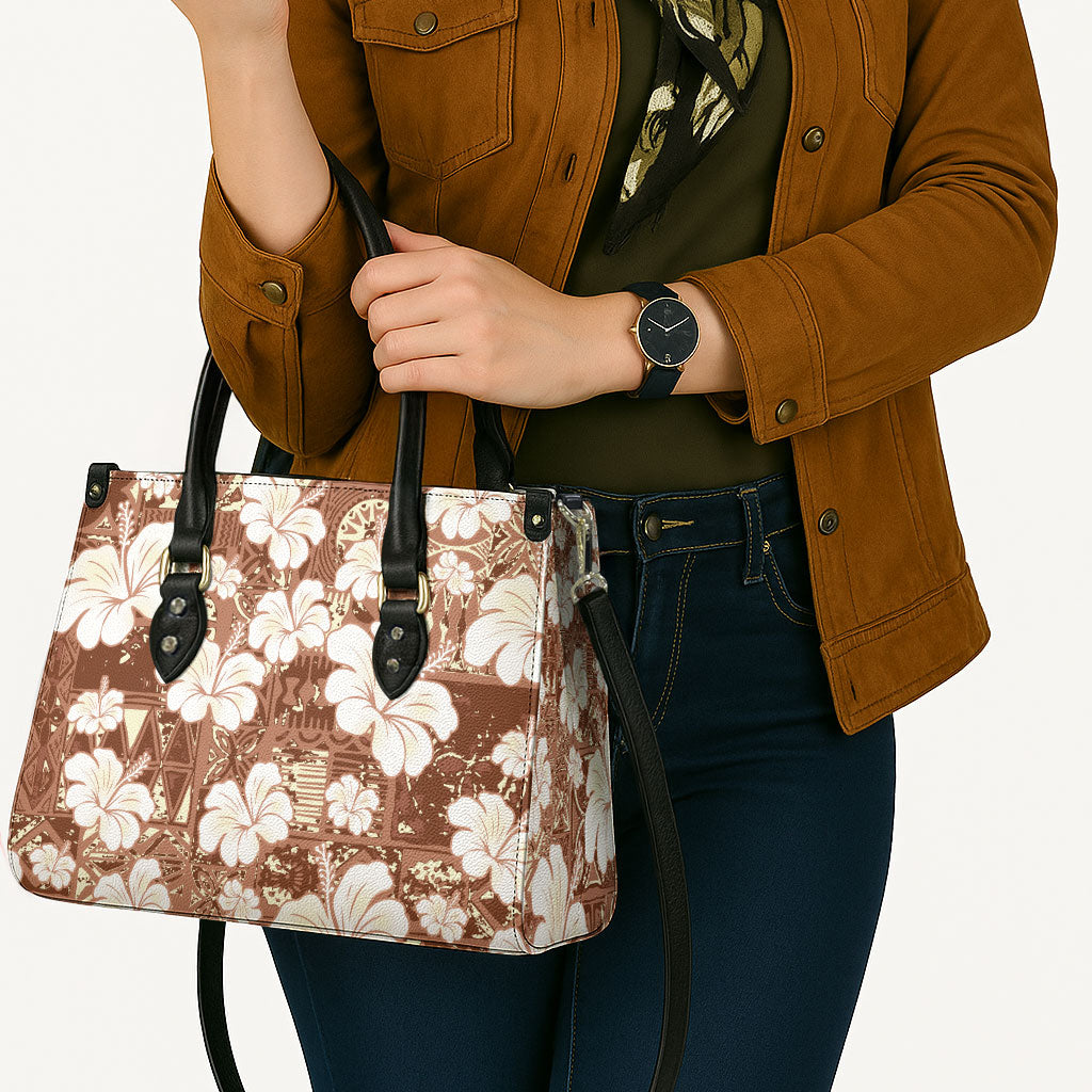 Brown Bula Fiji Masi Hibiscus Seamless Leather Bag LT14 - Polynesian Pride