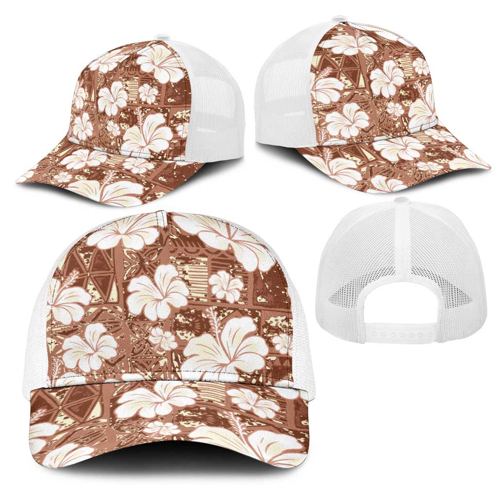 Brown Bula Fiji Masi Hibiscus Seamless Mesh Trucker Cap LT14 - Polynesian Pride