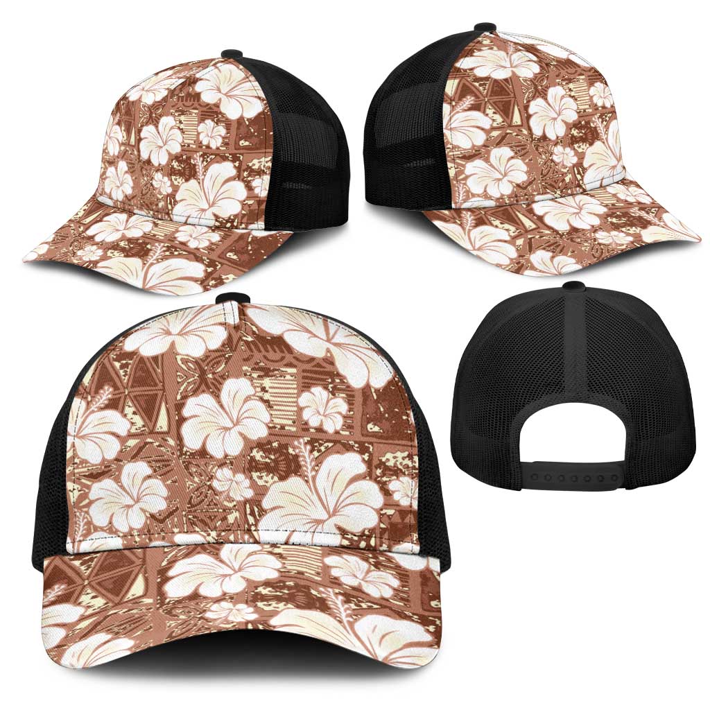 Brown Bula Fiji Masi Hibiscus Seamless Mesh Trucker Cap LT14 - Polynesian Pride