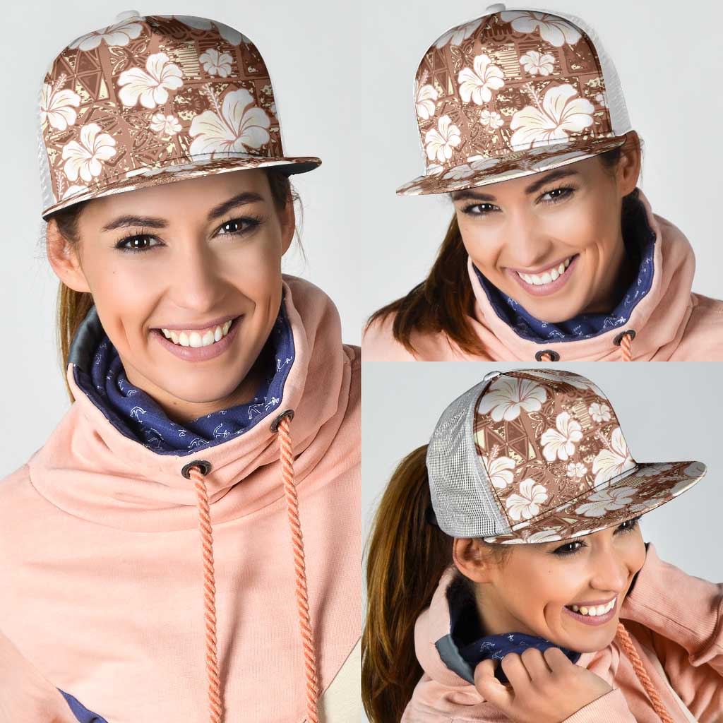 Brown Bula Fiji Masi Hibiscus Seamless Mesh Trucker Cap LT14 - Polynesian Pride