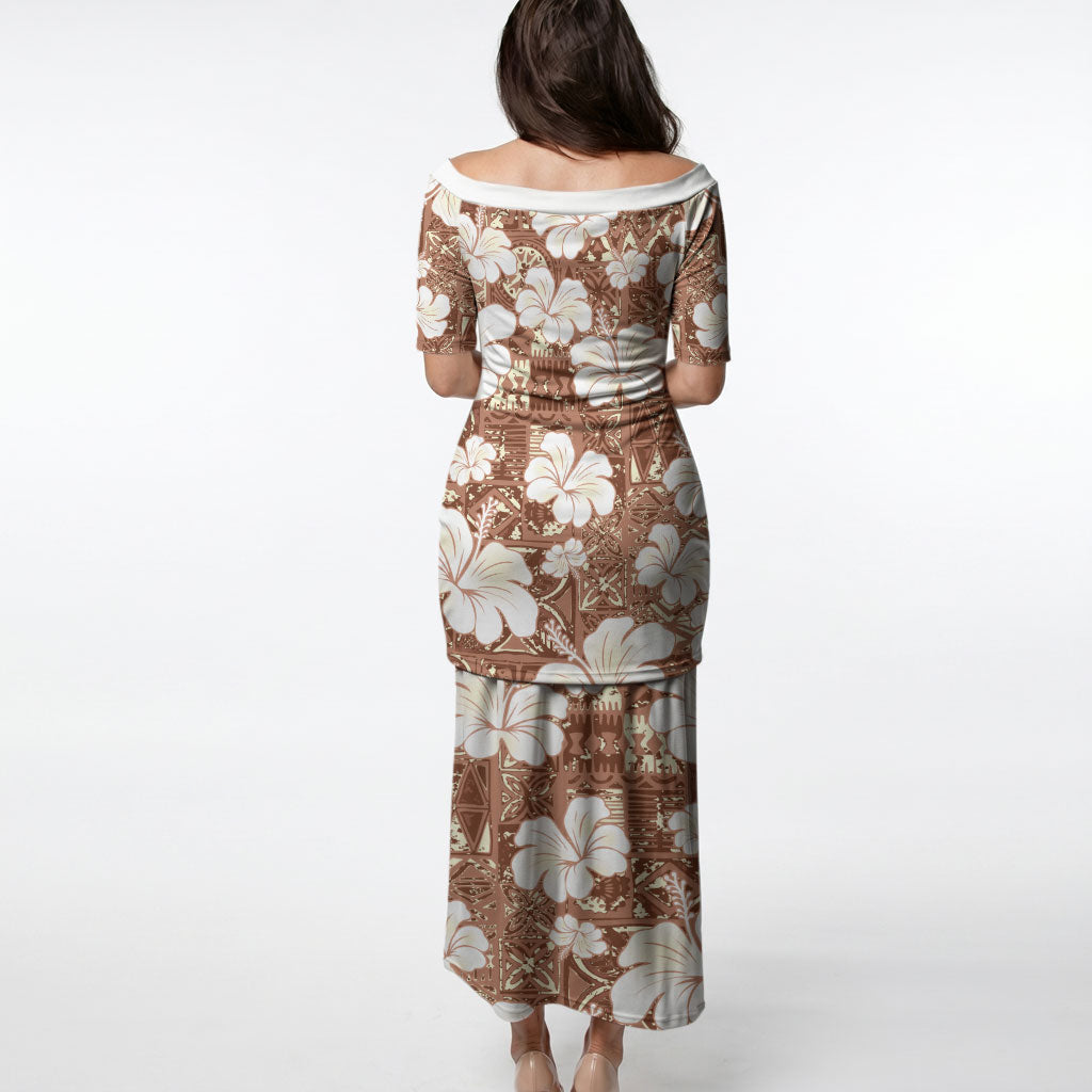 Brown Bula Fiji Masi Hibiscus Seamless Puletasi