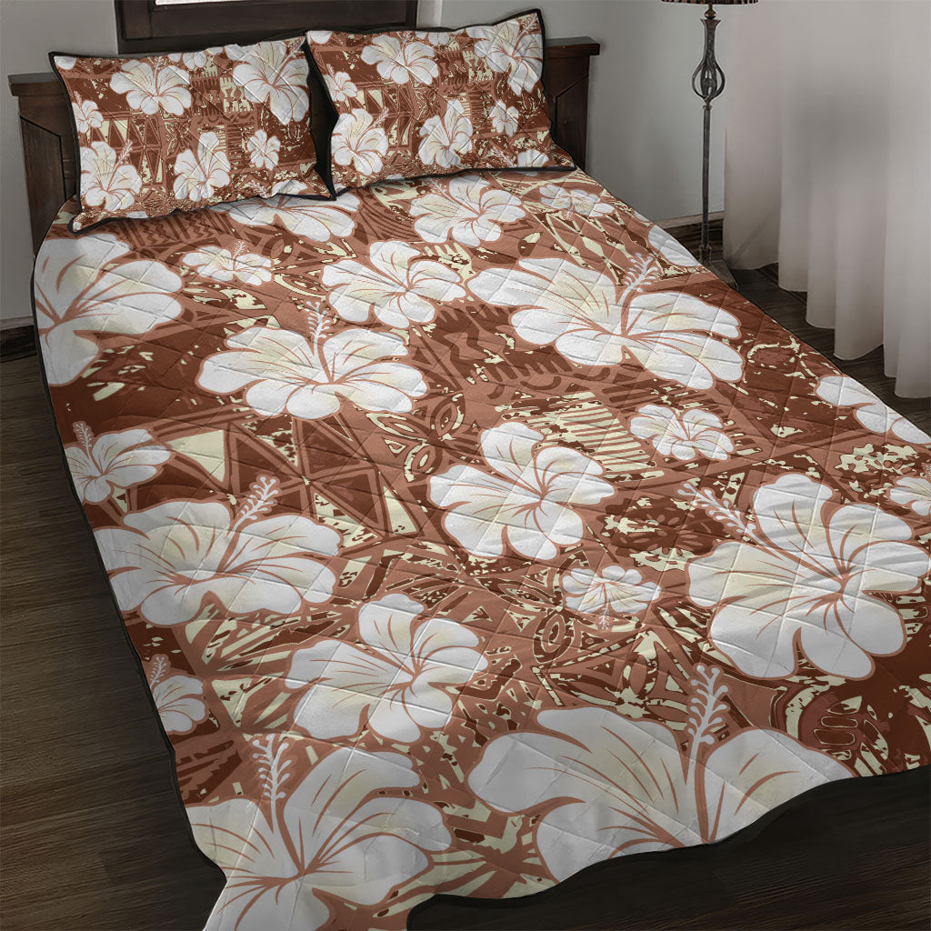 Brown Bula Fiji Masi Hibiscus Seamless Quilt Bed Set LT14 Brown - Polynesian Pride