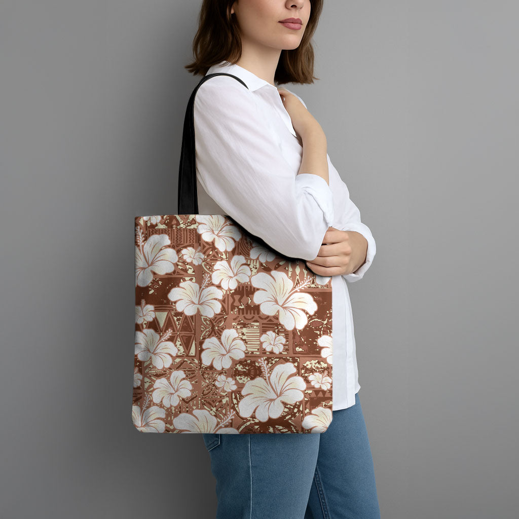 Brown Bula Fiji Masi Hibiscus Seamless Tote Bag