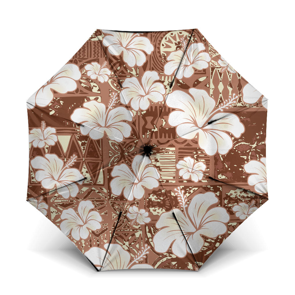 Brown Bula Fiji Masi Hibiscus Seamless Umbrella LT14 One Size Folded 11.42 inch Opened Diameter 37.4 inch Brown - Polynesian Pride