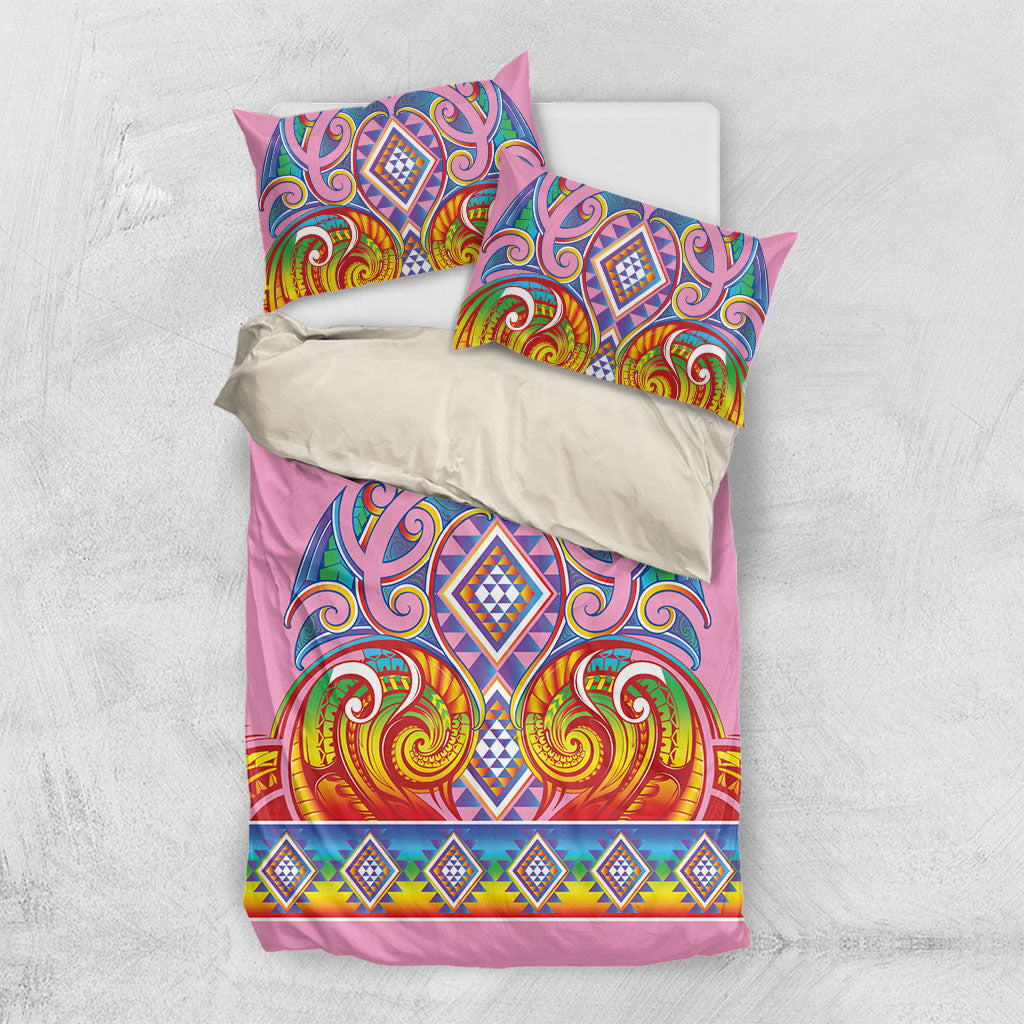 Rainbow Ngaru Taniko With Aotearoa Maori Tattoo Bedding Set LT14 US Twin 172cm x 218cm Pink - Polynesian Pride