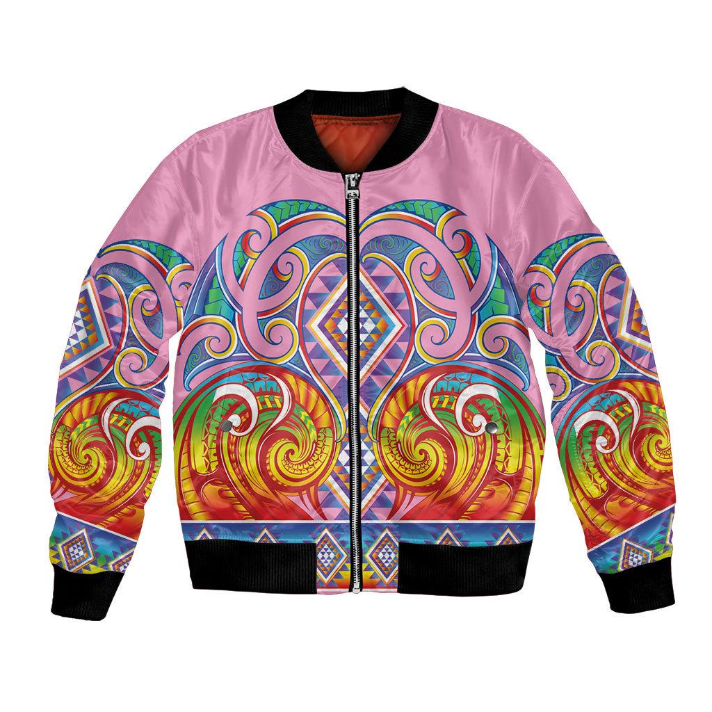 Rainbow Ngaru Taniko With Aotearoa Maori Tattoo Bomber Jacket LT14 Unisex Pink - Polynesian Pride