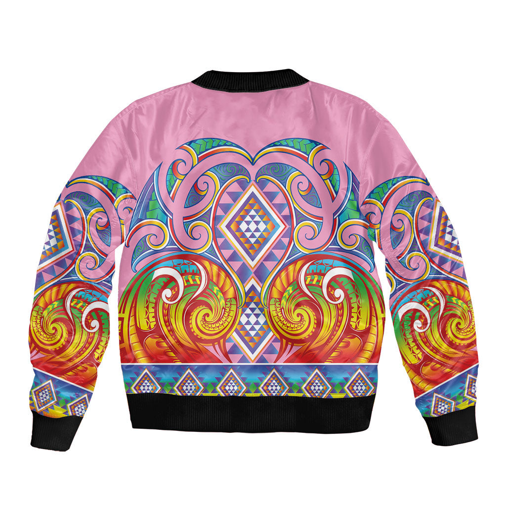 Rainbow Ngaru Taniko With Aotearoa Maori Tattoo Bomber Jacket LT14 - Polynesian Pride