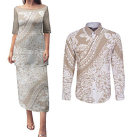 Polynesia Couples Matching Puletasi Dress and Long Sleeve Button Shirts Polynesian Tropical Flowers Beige Pastel Vibes LT14 Beige - Polynesian Pride