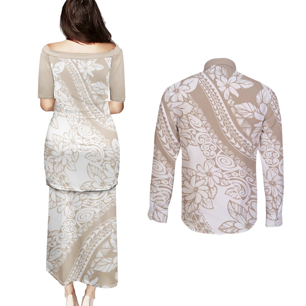 Polynesia Couples Matching Puletasi Dress and Long Sleeve Button Shirts Polynesian Tropical Flowers Beige Pastel Vibes LT14 - Polynesian Pride